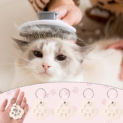 4pcs Pet Paw Print Leather Keychains, White PU Leather Dog & Cat Hair
