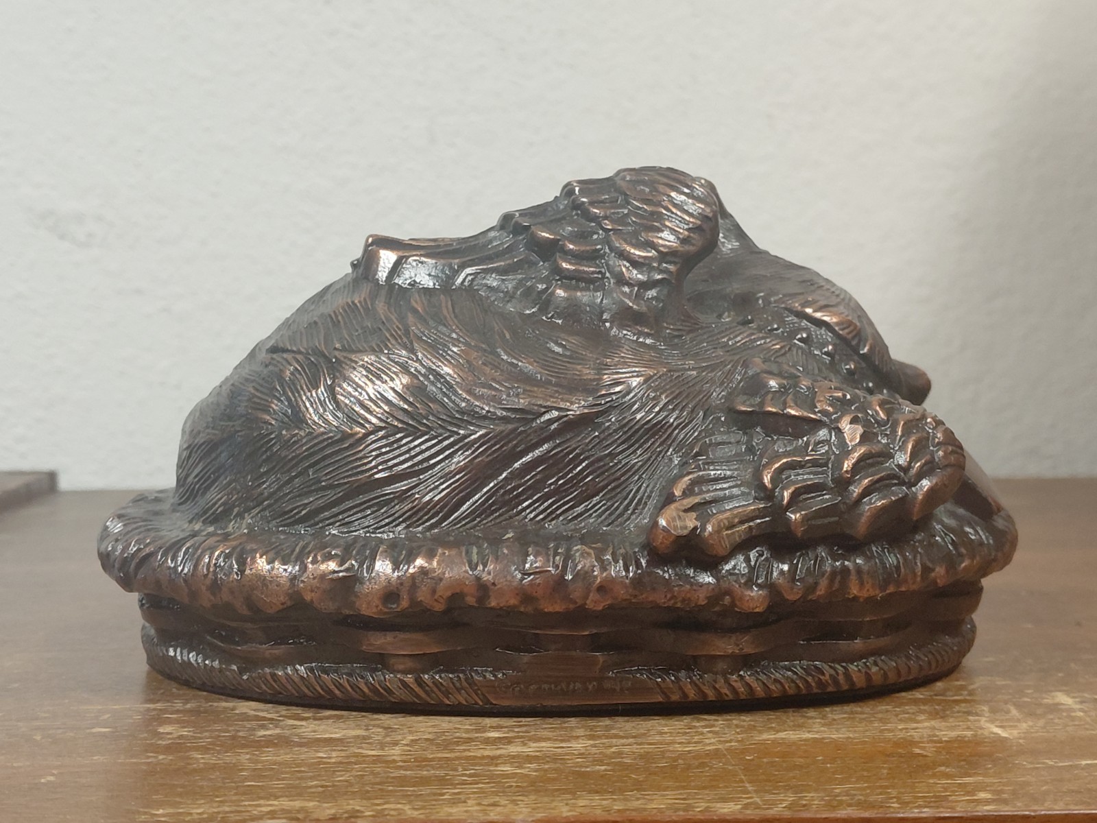 Heavenly Angel Cat Sleeping in Basket Bed Bronzed Cremation Urn Memorial Figure
