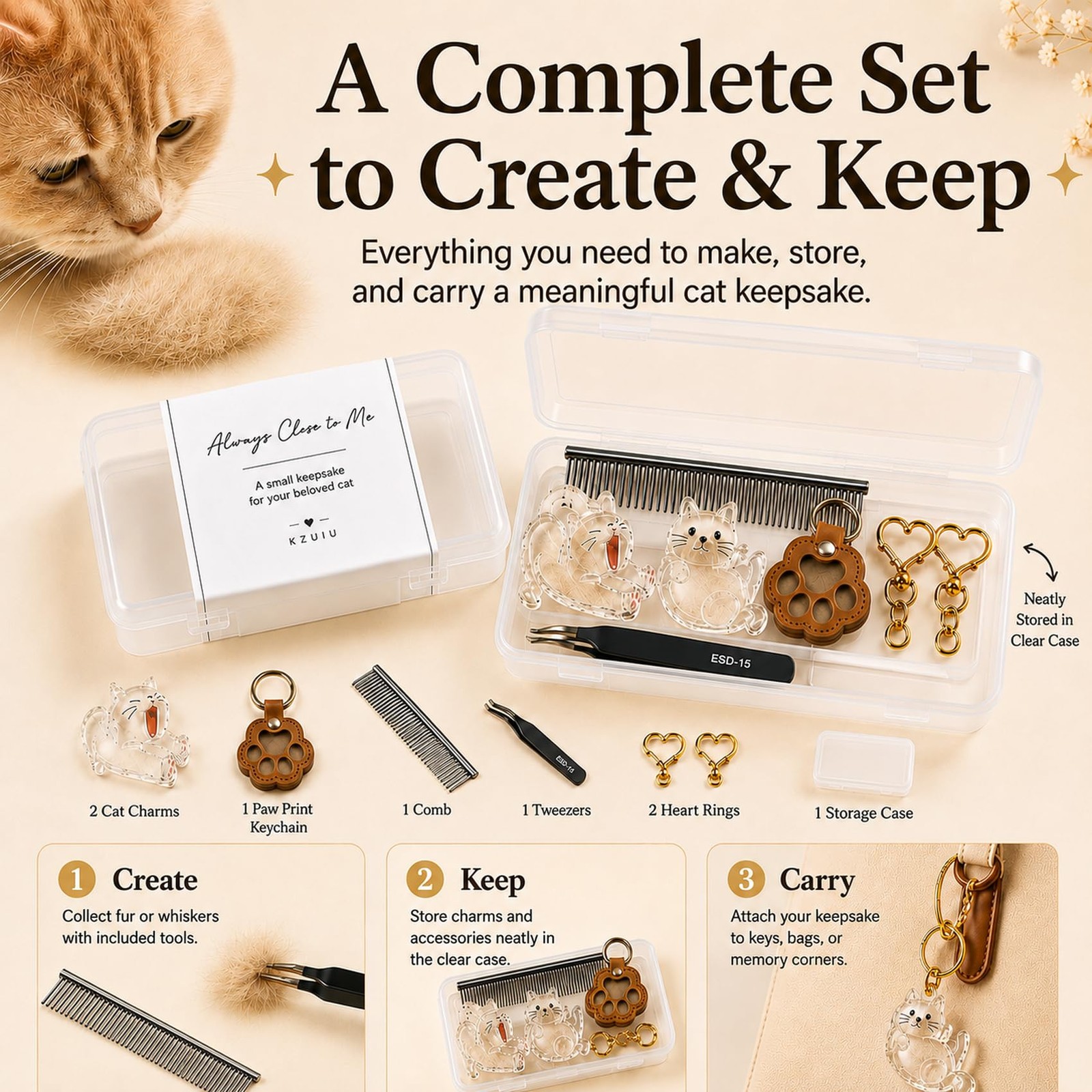 Cat Hair Keychain Keepsake Set, 3 Cat Fur Keepsake Charms for Fur/Whiskers wi…