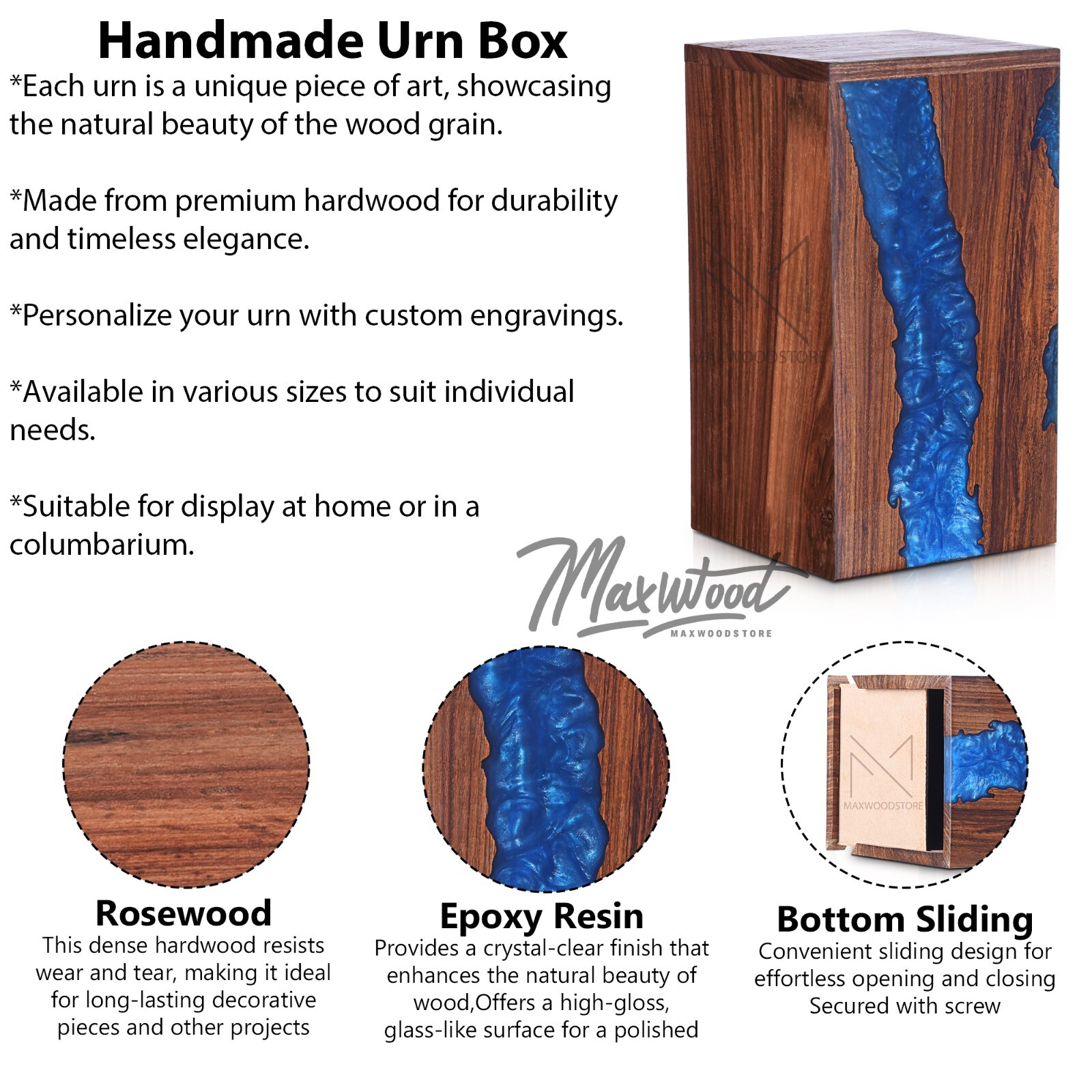 Wooden Urn Box-Urn Box-Rosewood and Blue Resin Design Urn Box For Human Ashes