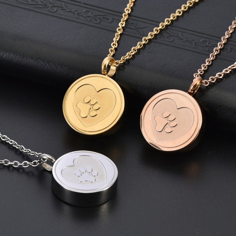 Pet Urn Necklace with Paws Print Round for Dog Pet Cremation Jewelry for Ashes