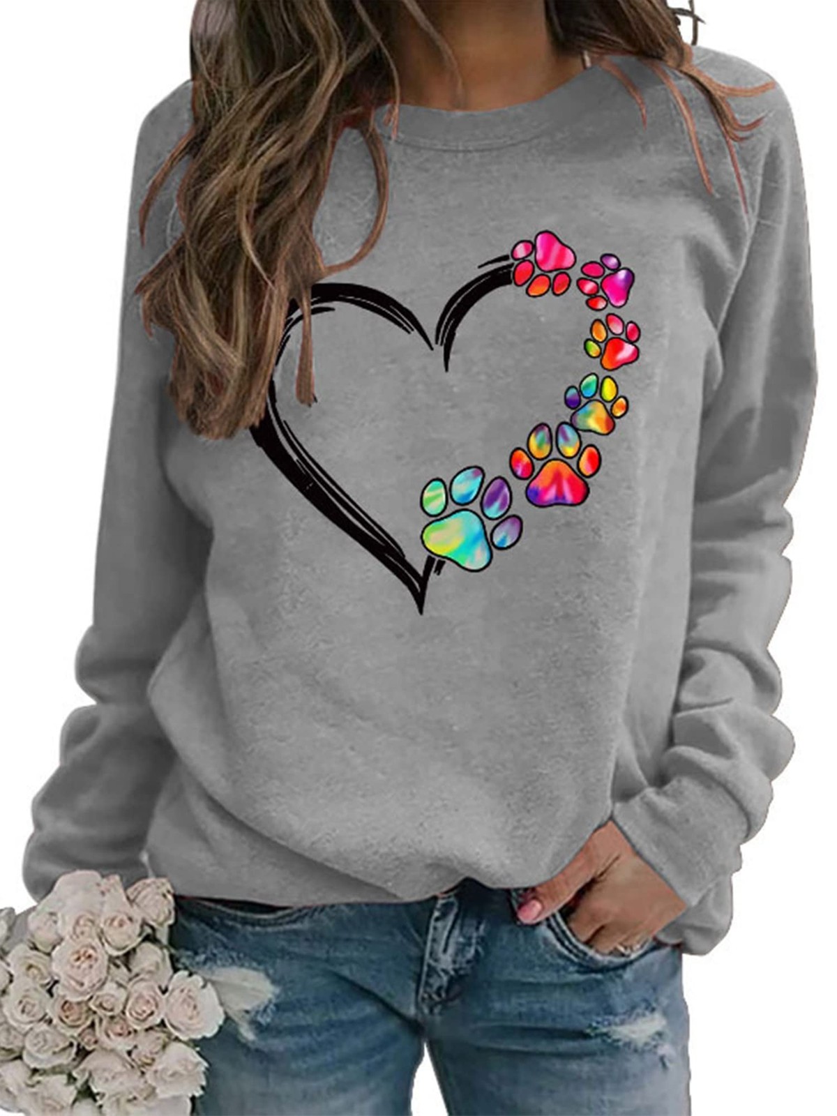 Womens Dog Mom Sweatshirts Heart Dog Paw Print Colorblock Long Sleeve Crewnec…