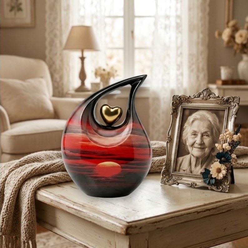 Red Sunset & Black Metal Teardrop Cremation Urn – 200 Cu In Ashes Men Women Urns