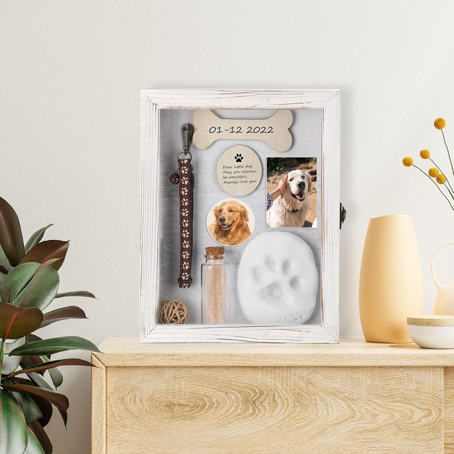 Pet Memorial Shadow Box for Dog Cat with Wood Picture Frame Pet Print Kit Urn…
