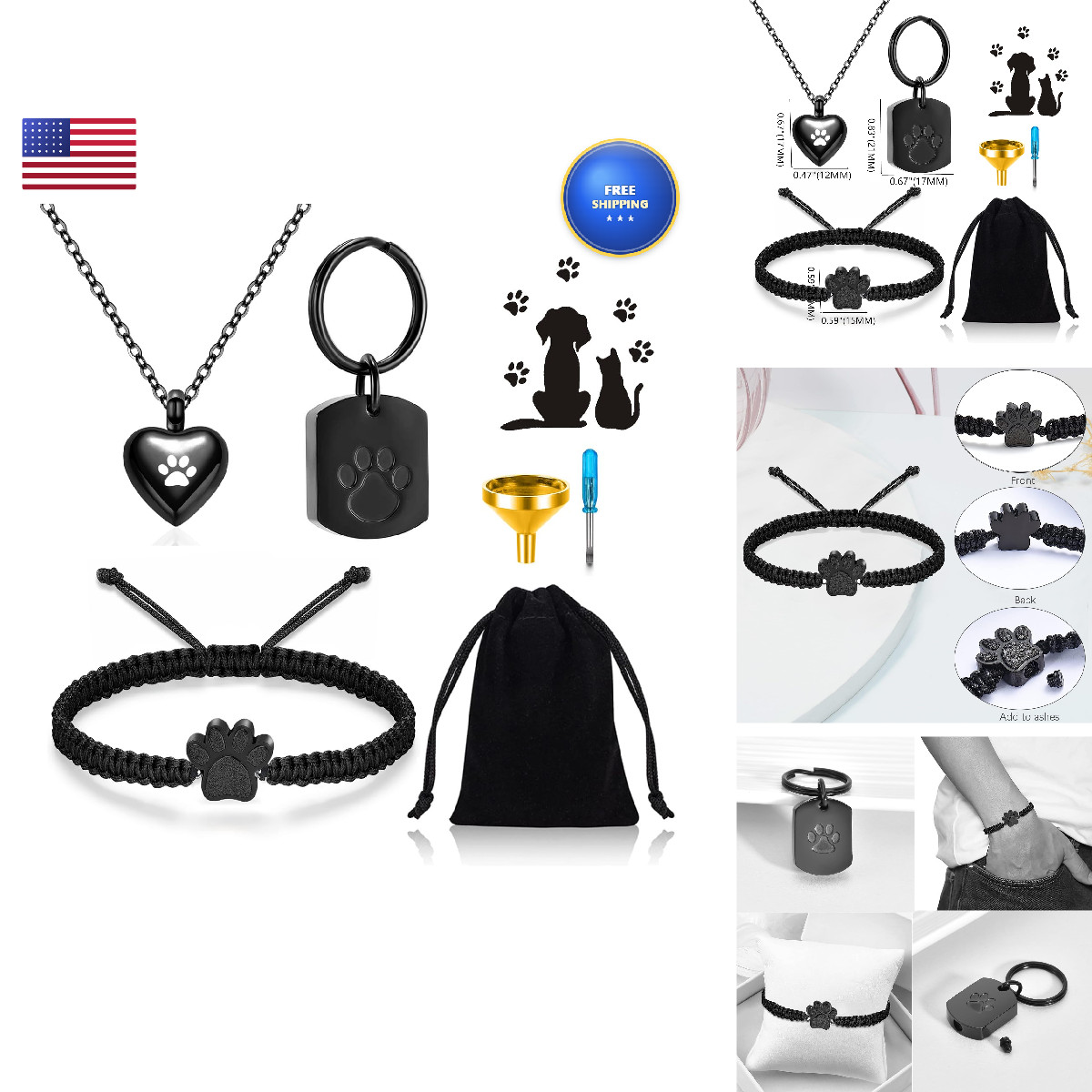Ripfevurn 3 Pcs Pet Cremation Jewelry Urn Necklaces Bracelet Keychain For Ashes
