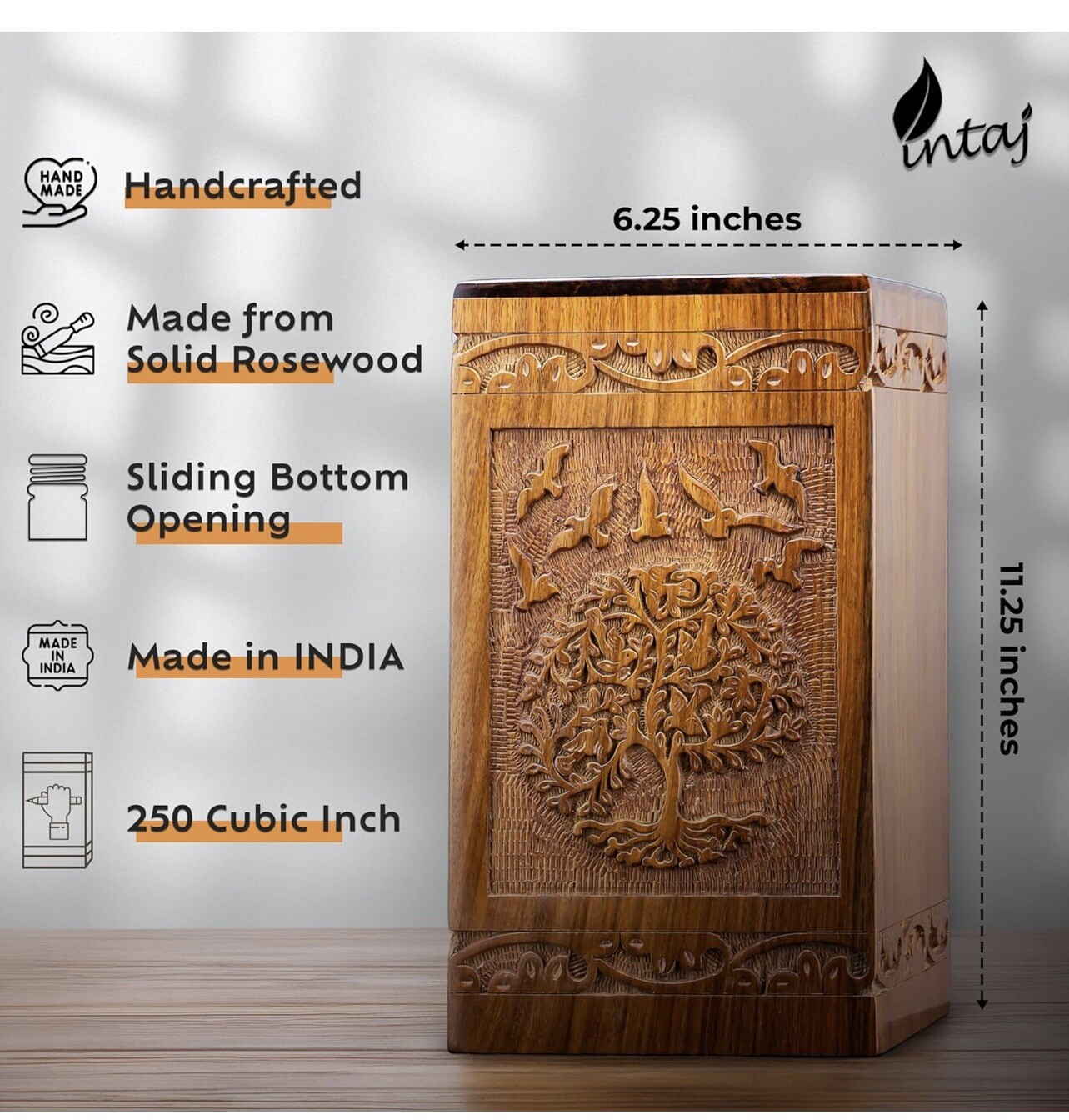 INTAJ Handmade Rosewood Urn for Human Ashes | Tree of Life Wooden Urns, New