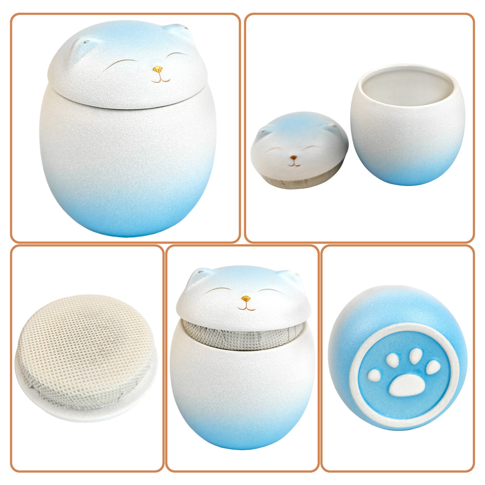Smiley Cat Shaped Blue-White Gradient Pet Urn For Small Dog And Cat Ashes(M)
