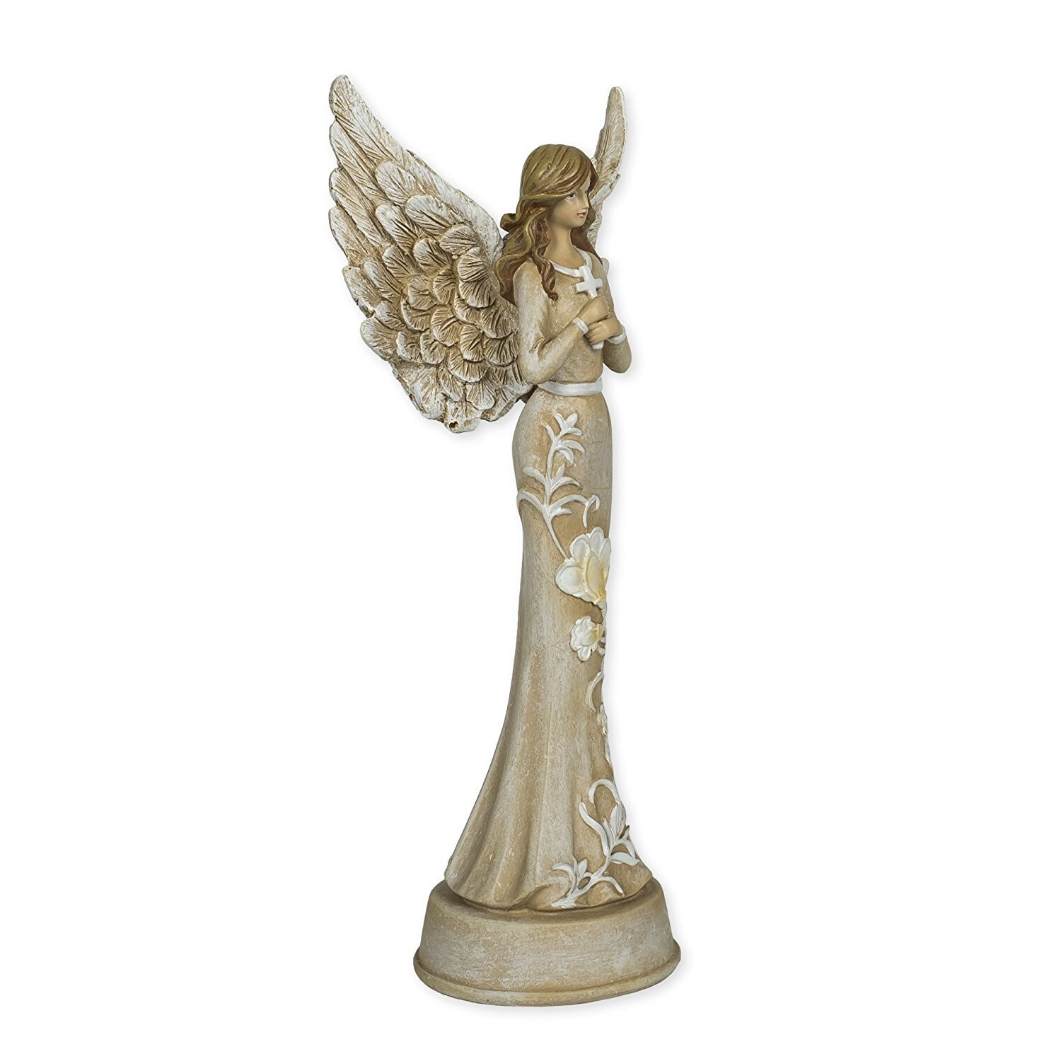 Embossed Blossom Flowers Angel 11 inch Resin Stone Table Top Figurine Statue