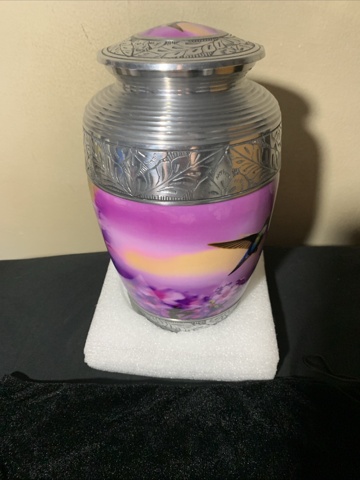 Adult Cremation Urn – Hummingbird Sunrise Serenade Purple & Silver Urn for Ashes
