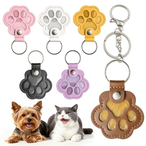 6 Pack Pet Fur Keepsake Keychain – Paw Shaped Leather – Cat & Dog Hair Keepsake