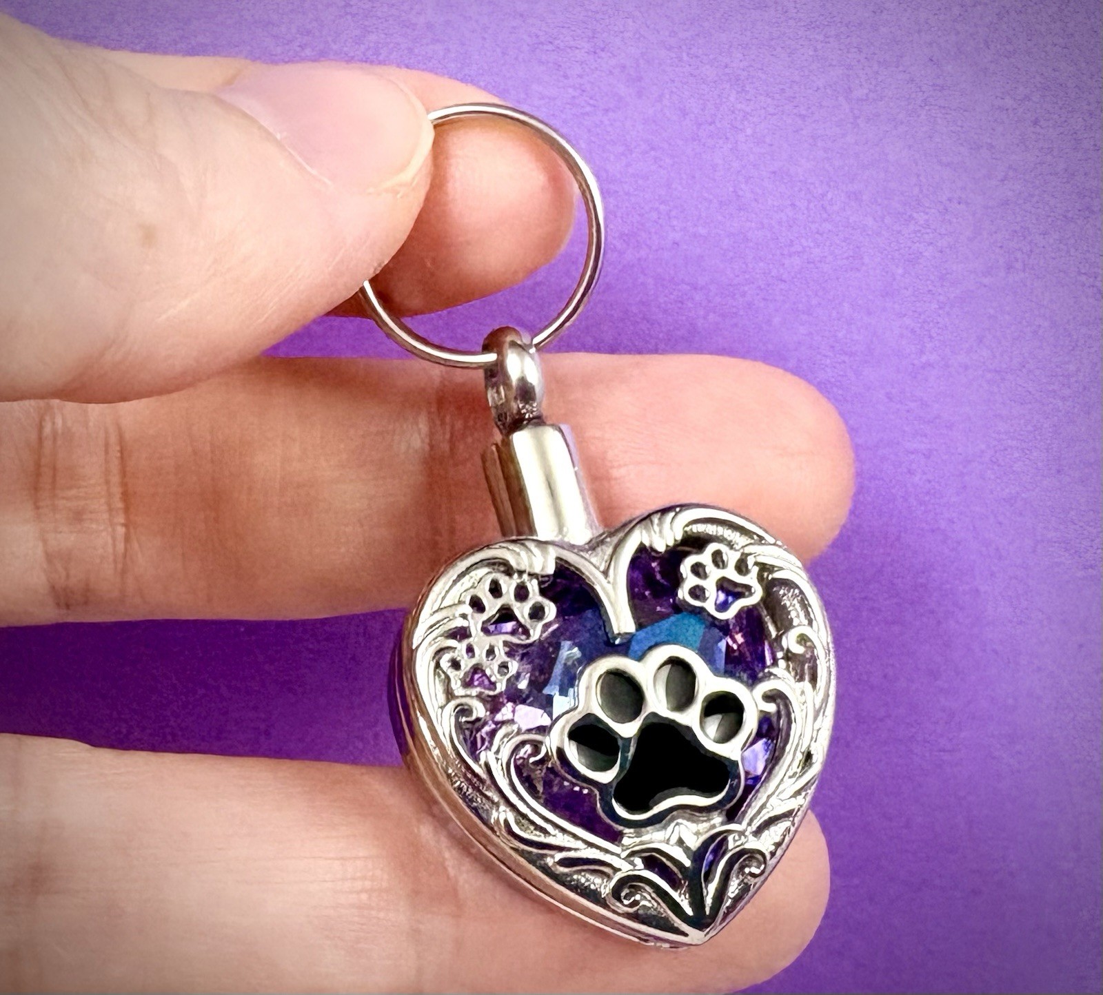 Paw Print Cremation Pendant Urn Keychain 1″ Key Ring for Ash Dog Cat Pet Purple