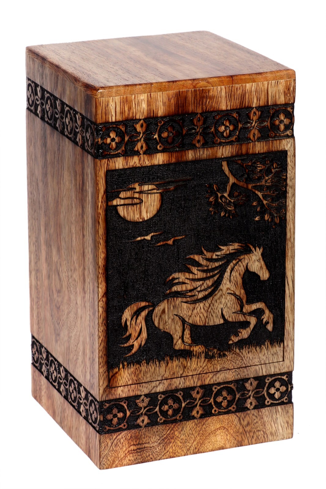 Horse Print Human Ashes Adult Male Female, Wooden Urns Box Mango Wood Urns