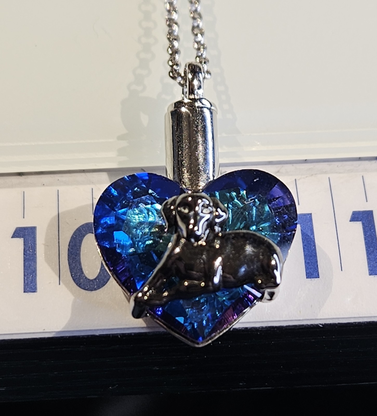 Sterling Silver Dog Cremation Urn Pendant Necklace – Blue/Purple Crystal Heart