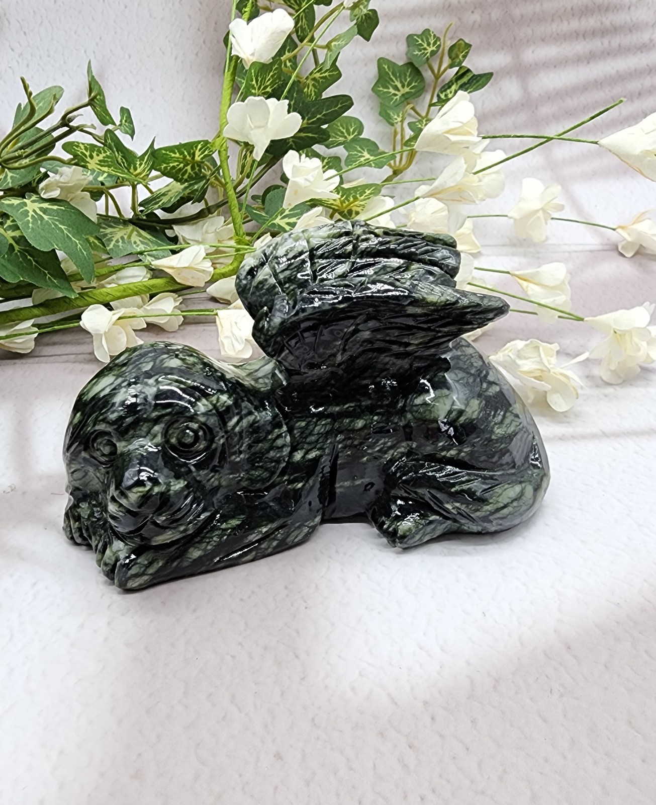 Xiuyan Jade Winged Angel Dog Pet Memorial, Pet Loss Gift, Gemstone Carving