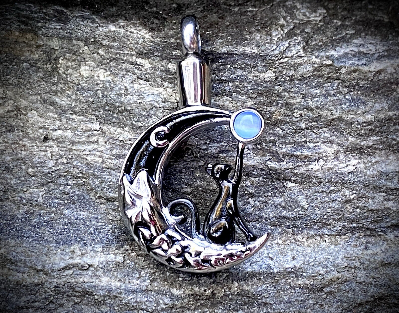 Black Cat Moon Stone Cremation Necklace Holds Ashes Urn Pendant Jewelry Gift Lov