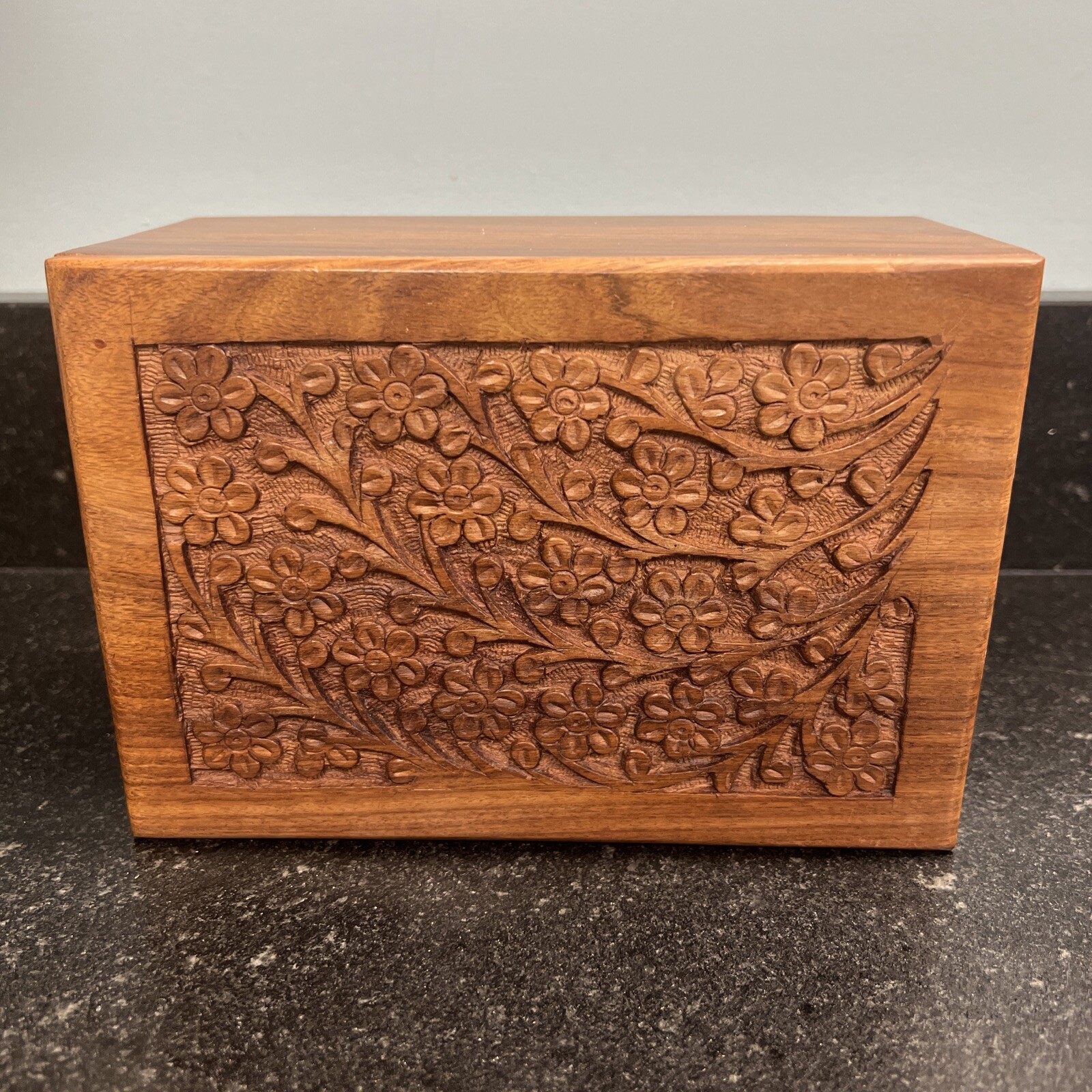 Floral Carved Wooden Pet Urn For Cat Or Dog Slide Opening 7 1/2 X 5 1/4 X 3 1/2”