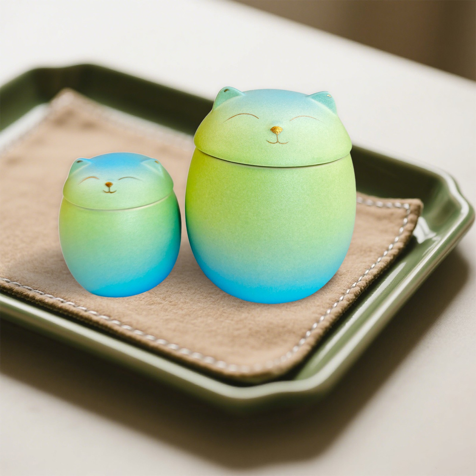 Smiley Cat Shaped Pet Urn Blue-Green Gradient For Small Dog And Cat Ashes(M)