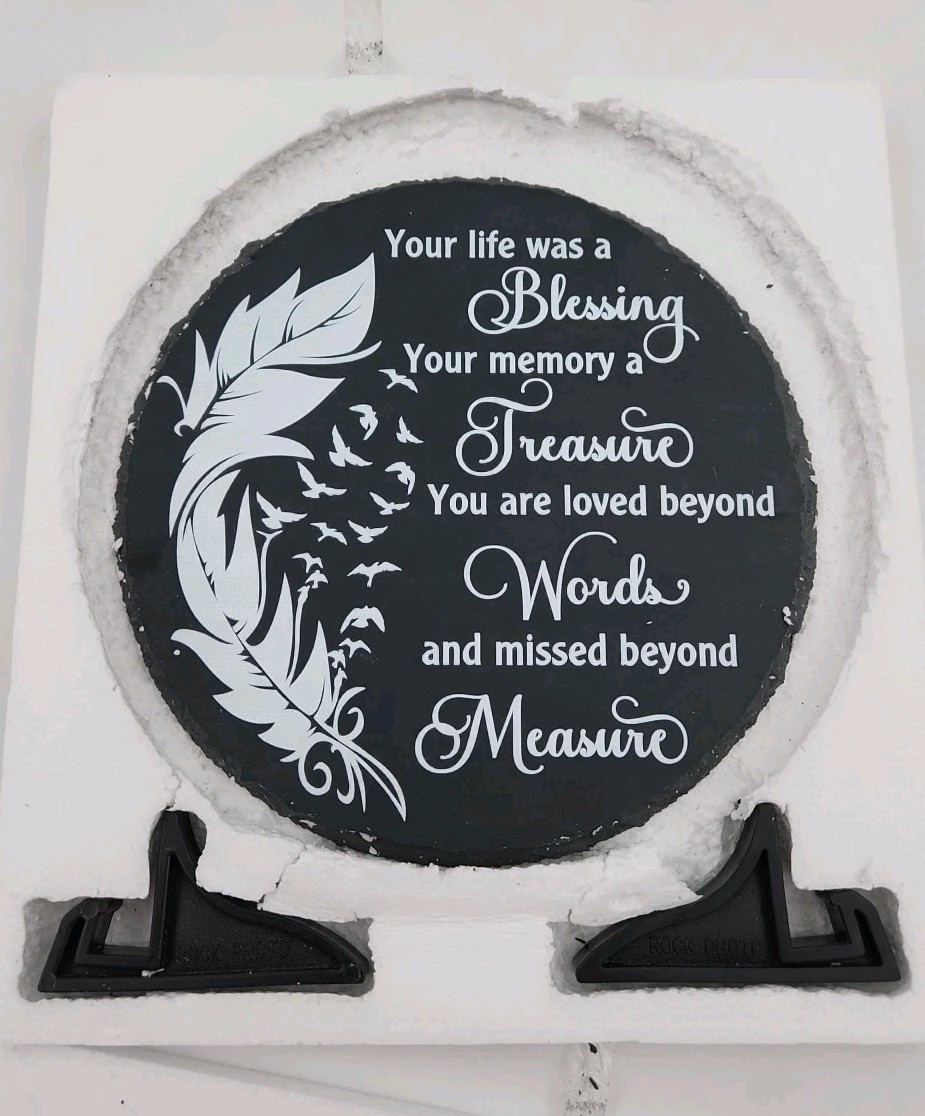 Memorial Slate Stone Gift For Loss Sympathy Dark Gray with Stand 7.4″ D Feather