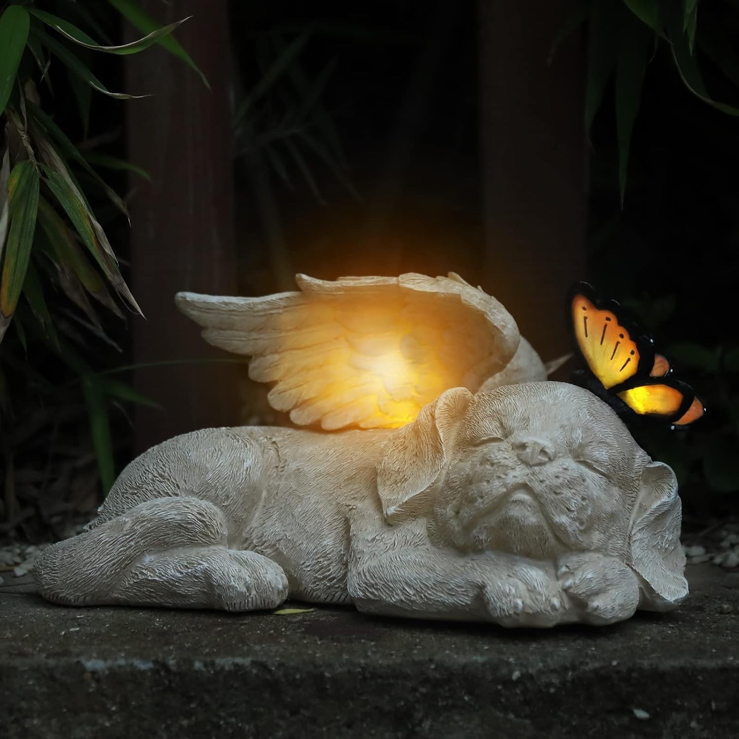 Beautifully Hand-Painted Sleeping Dog Angel Statue with Solar Illumination