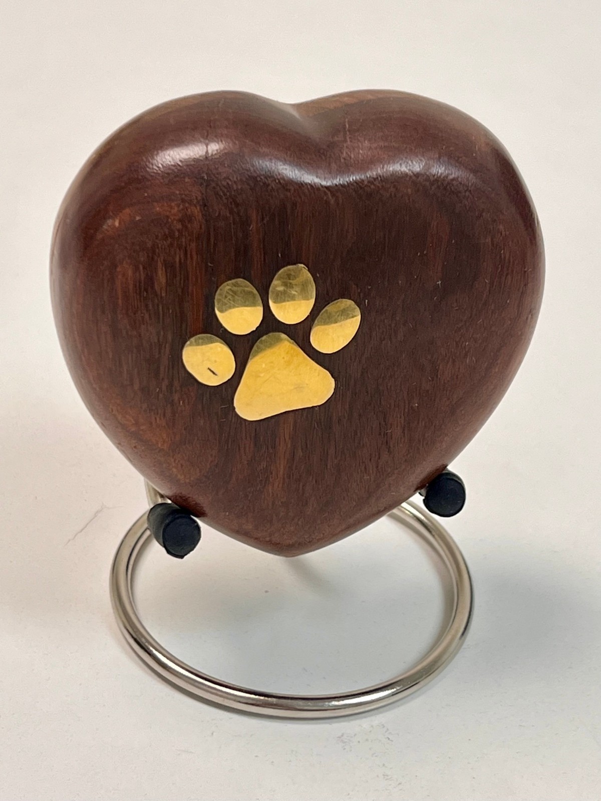 Wood Pet Cremation Urn Heart Shape w/ Brass Paw Print Memorial Keepsake Small