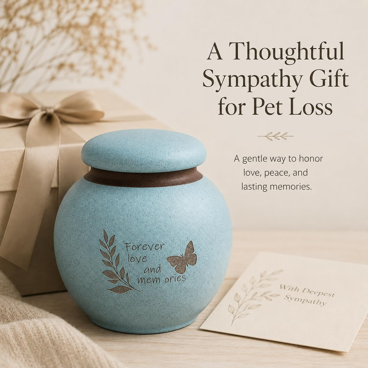 Small Pet Urn for Ashes, Dog and Cat Cremation Urn, Cyan Ceramic Memorial Keepsa