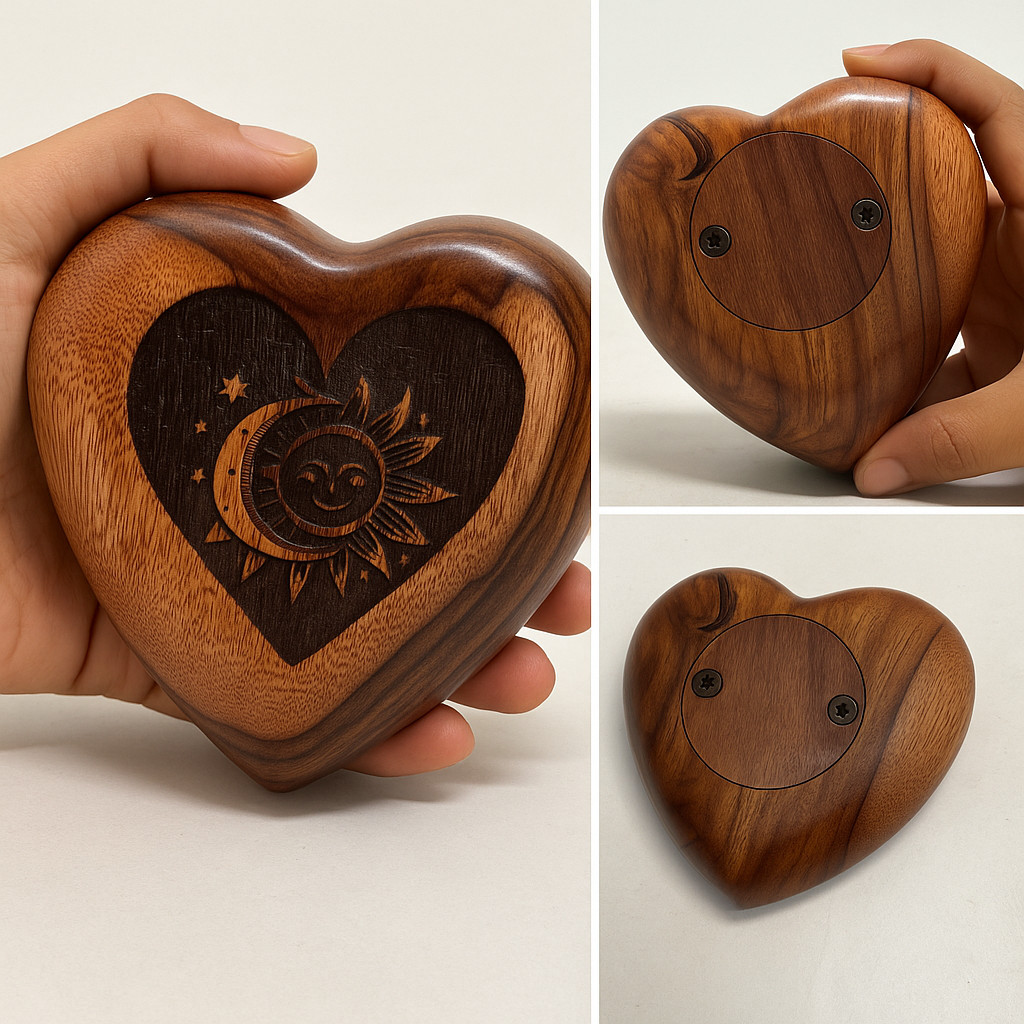 Pet Memorial Wood Urns for Dog or Cat Ashes Heart Shape Sun moon Design Urn