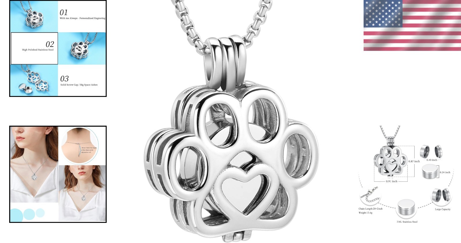Stainless Steel Paw Print Urn Necklace for Pet Ashes – Near Weightless Design