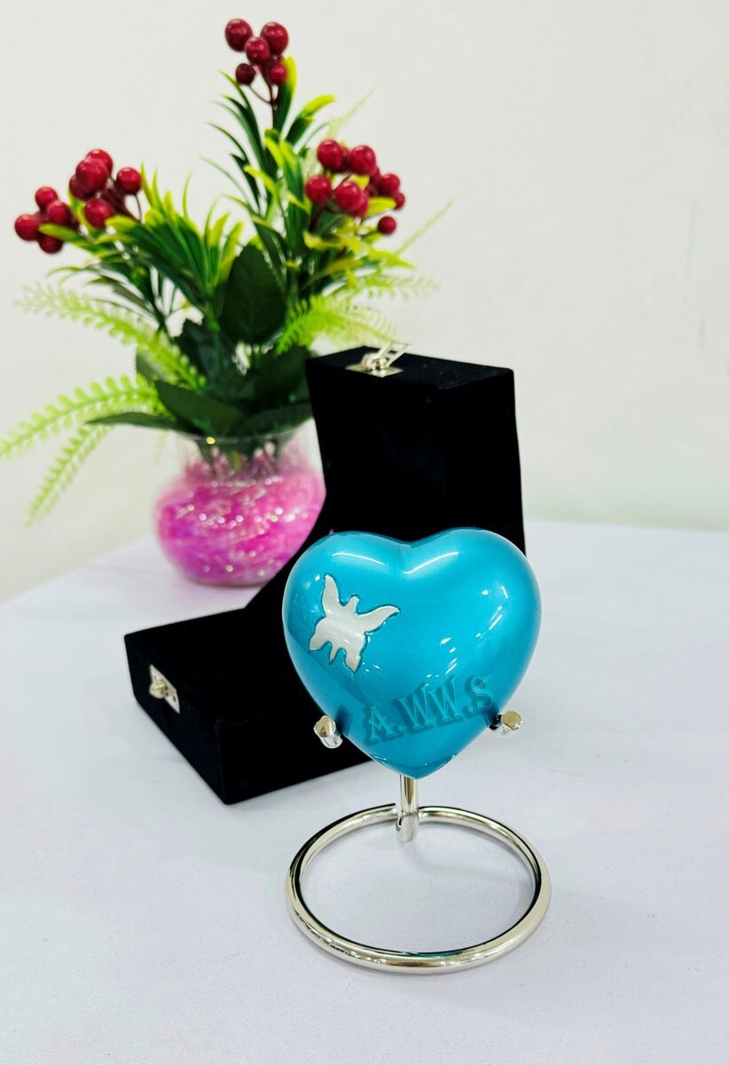 Handcrafted Beautiful Butterfly Sky Blue Urn Heart Shaped with Stand & Box –