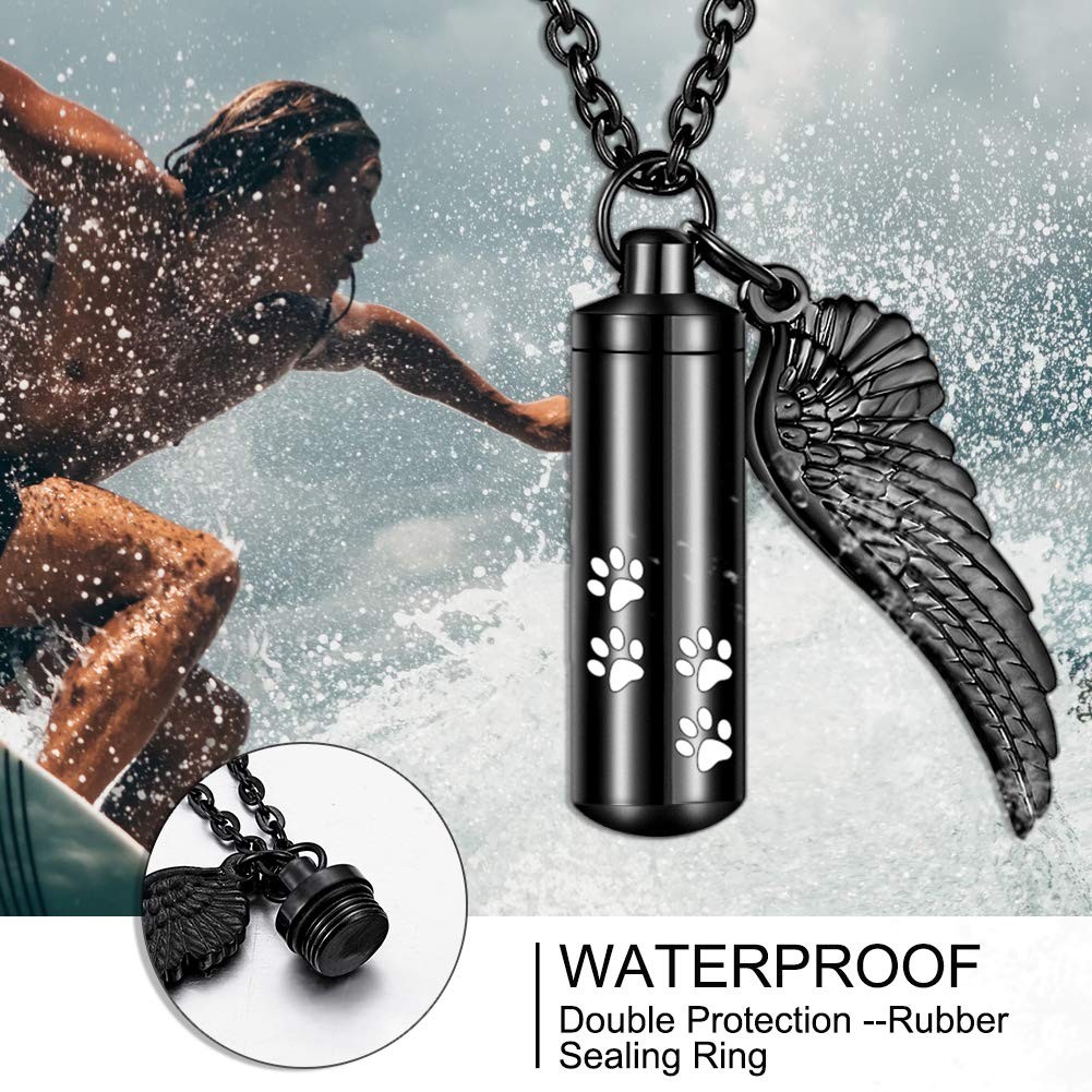 Cylinder Cremation Necklace for Pet Ashes Urn Necklace with Angel Wing Pet Paw A