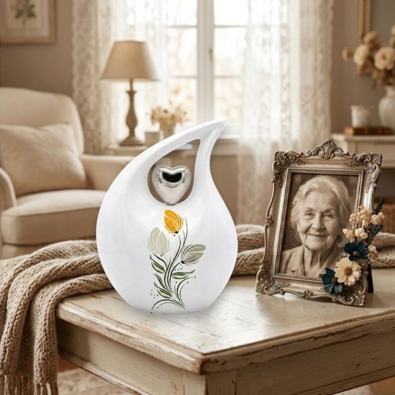 Tulip Floral Teardrop Aluminum Cremation Urn Adult Human Ashes Earns Love Ones
