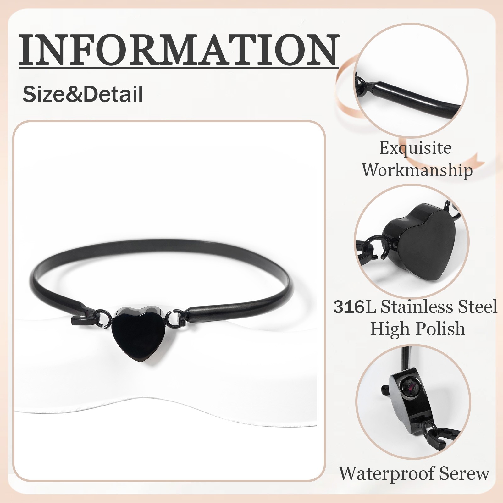 2 Pack Black Heart Urn Bracelet For Cats&Dogs Ashes Stainless Steel Waterproof