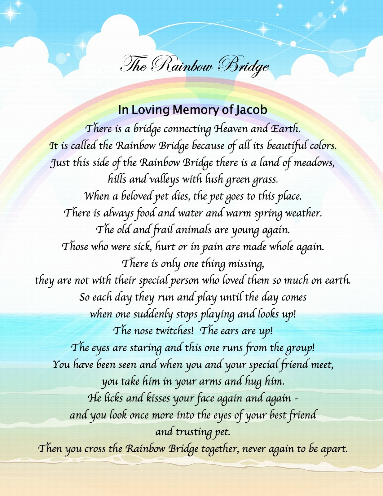 Pet Memorial Poem RAINBOW BRIDGE Personalized UNFRAMED Art Print Gift Dog, Cat