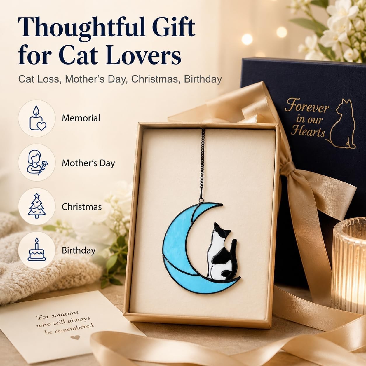 Memorial Stained Glass Tuxedo Cat Suncatcher – 5×6 in for Heartfelt Remembrance