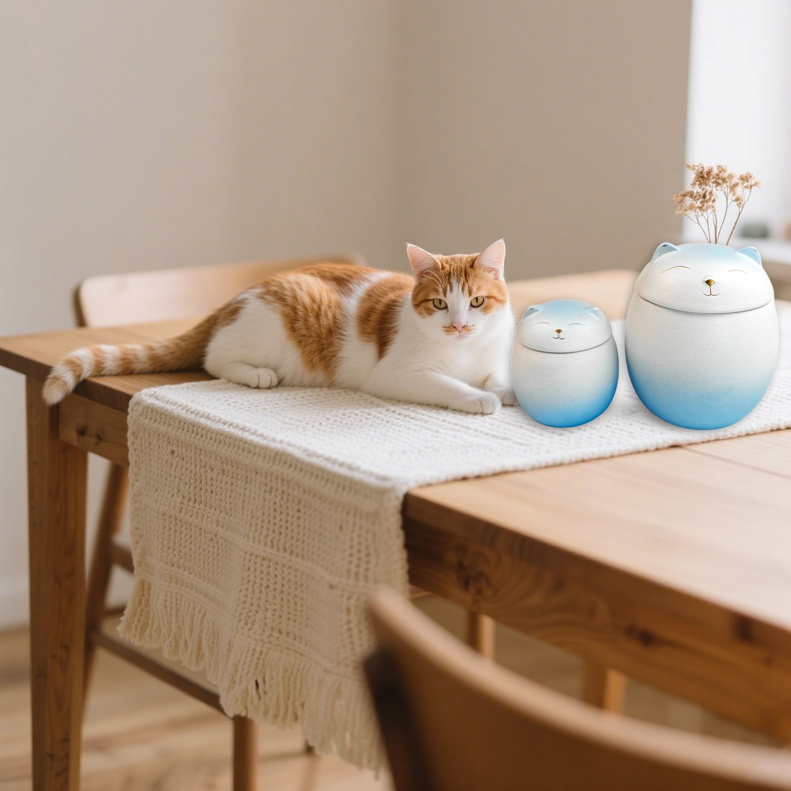 Smiley Cat Shaped Blue-White Gradient Pet Urn For Small Dog And Cat Ashes(M)