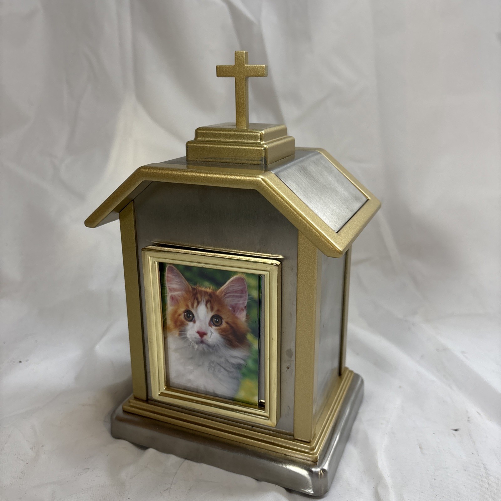 Pet Urn Brushed Chrome and Gold Color Trim Dog / Cat Cremation Urn Cross Journey