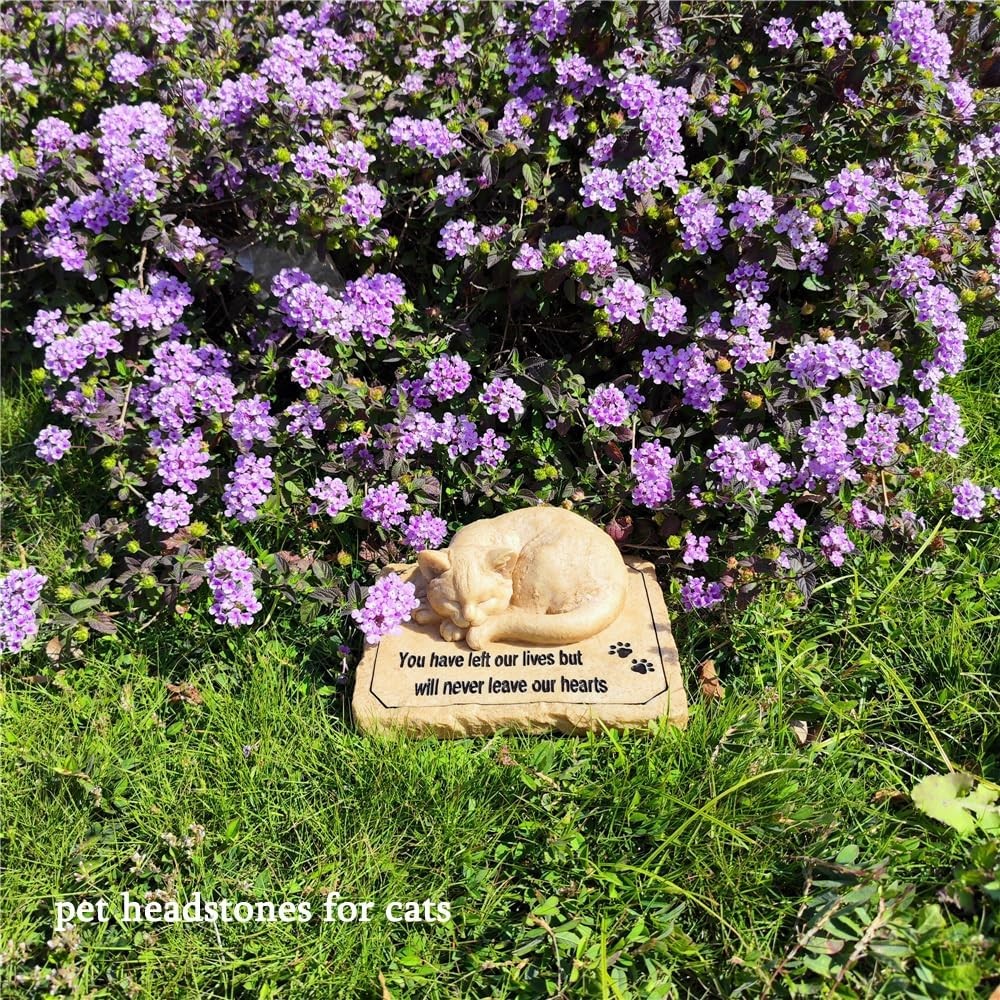 Cat Memorial Stones Grave Markers with A Sleeping Cat Statue 8.5″x7″x3.5″