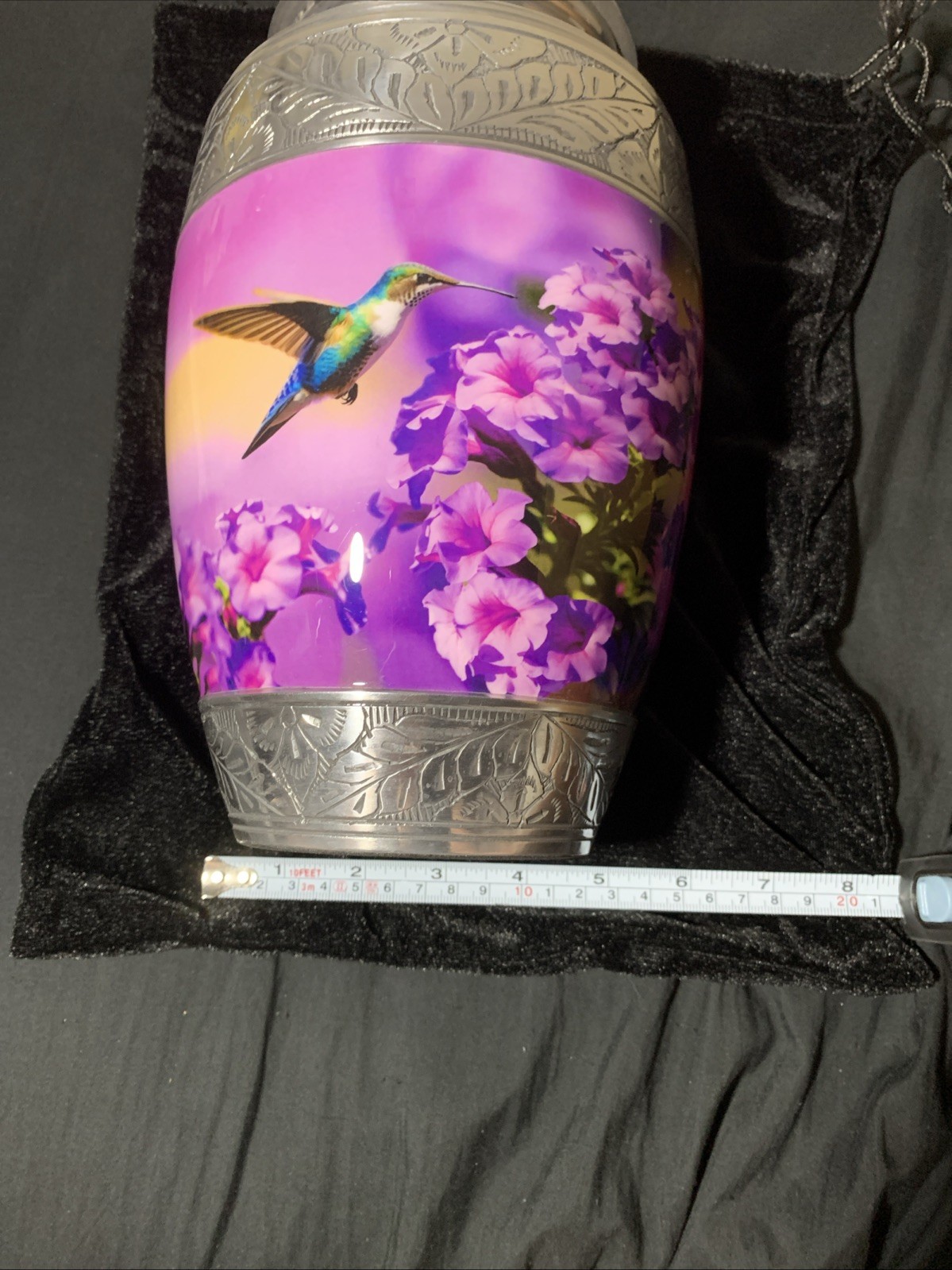 Adult Cremation Urn – Hummingbird Sunrise Serenade Purple & Silver Urn for Ashes