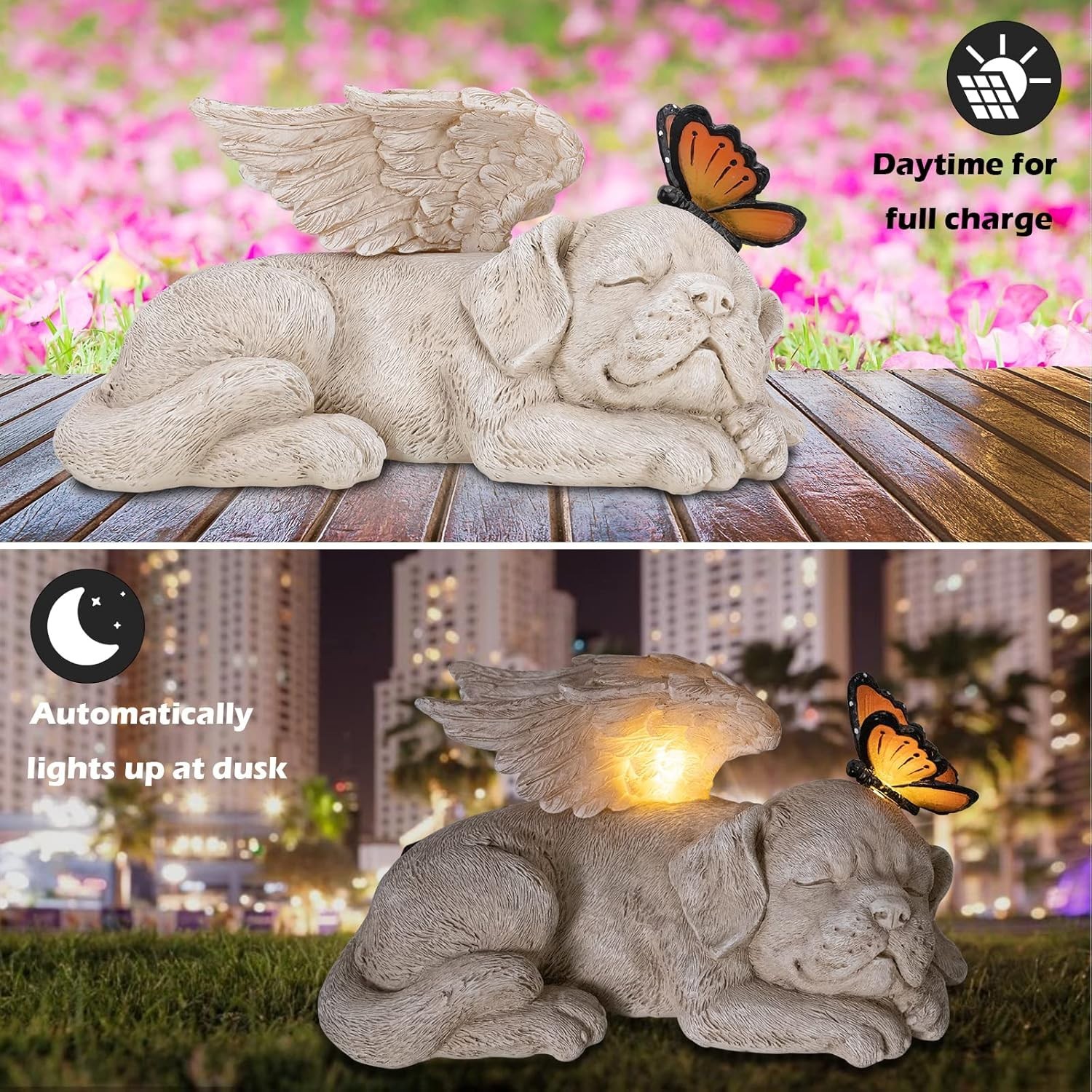 Beautifully Hand-Painted Sleeping Dog Angel Statue with Solar Illumination