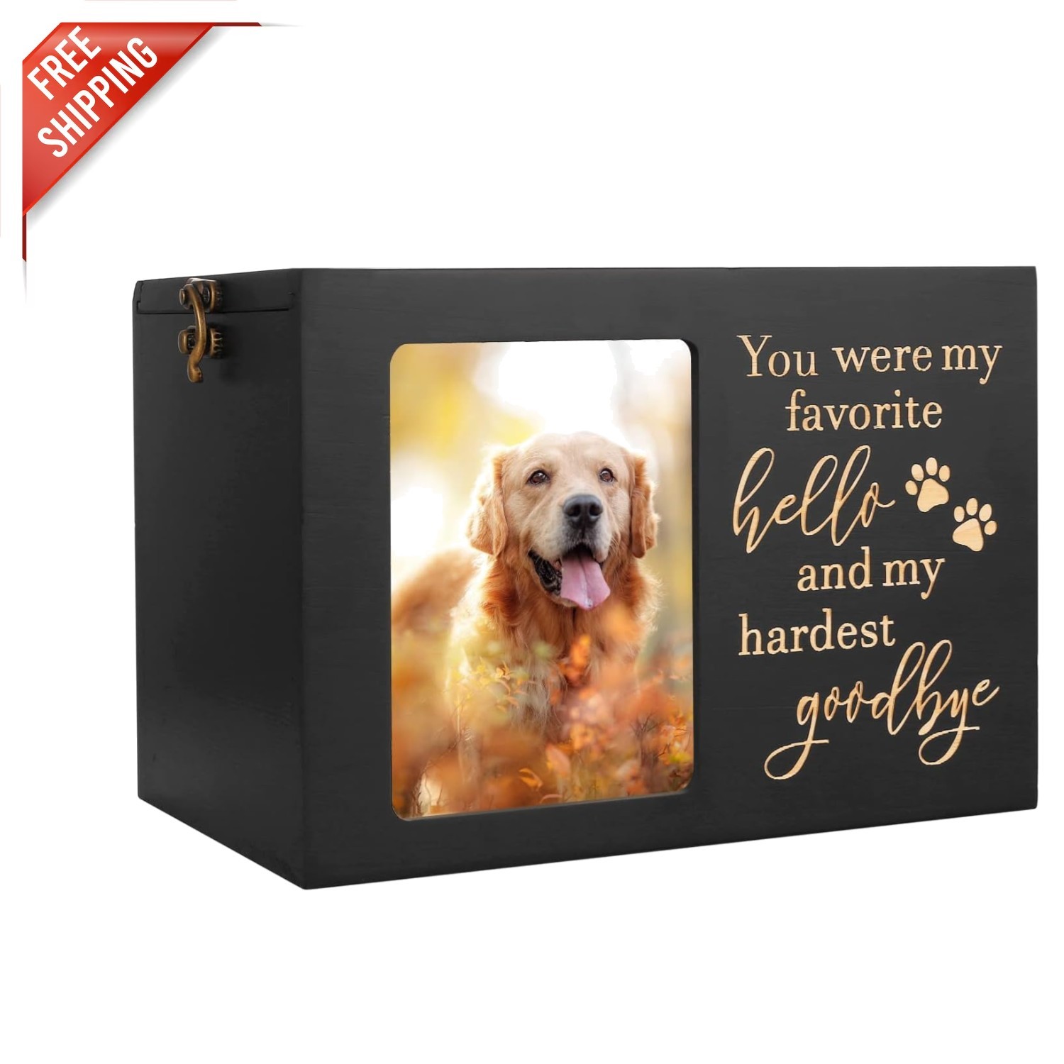Personalized Pet Cremation Urn with Black Flannel & Photo Display, Large Size