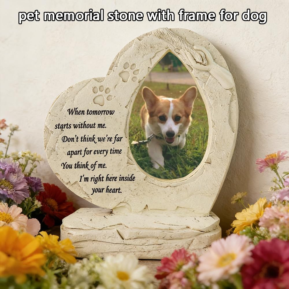 Heart Shaped Pet Dog Memorial Stones with Photo Frame, Pet Headstones Grave Ston