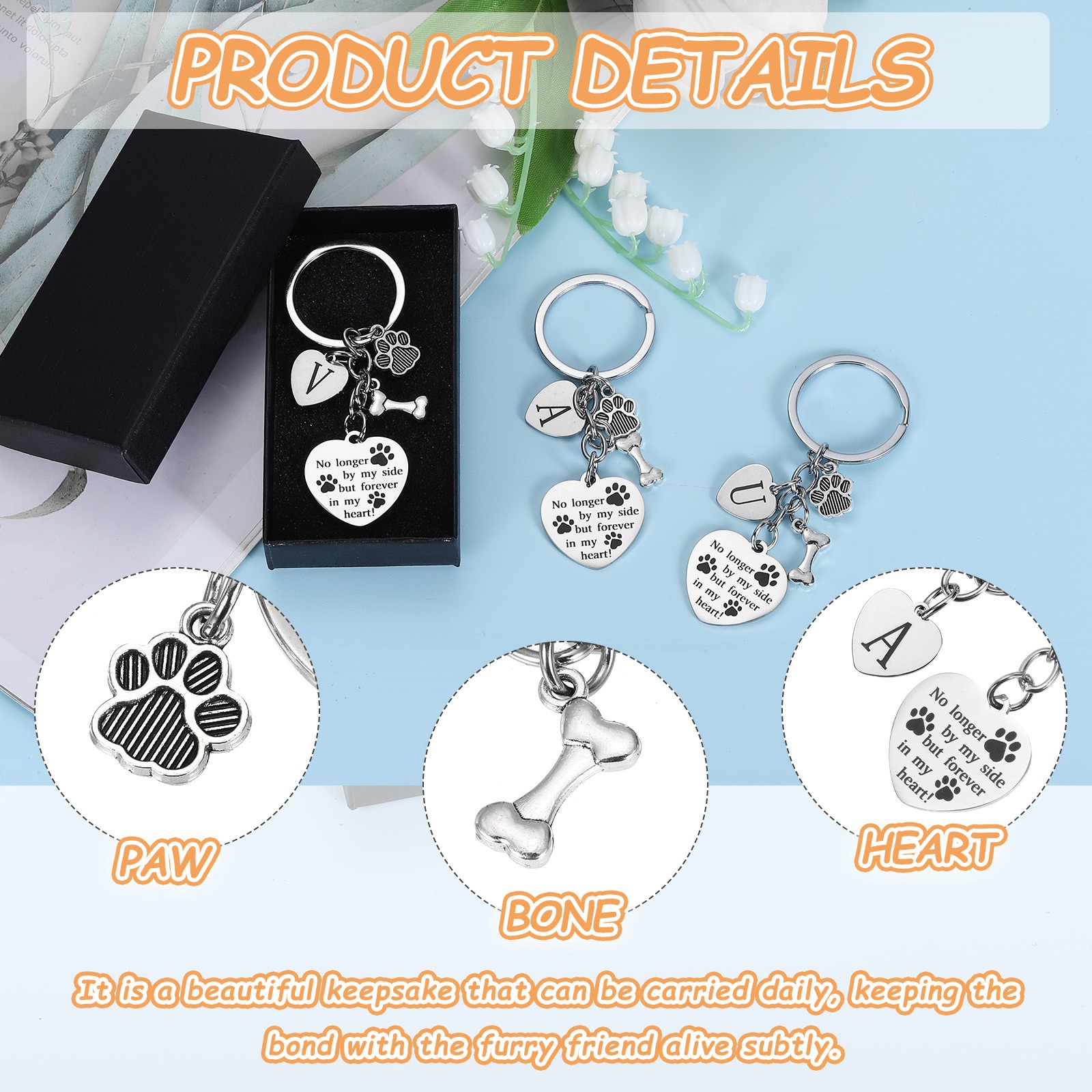 Dog Memorial Gifts Personalized Pet Memorial Keychain, Engraved Letter B