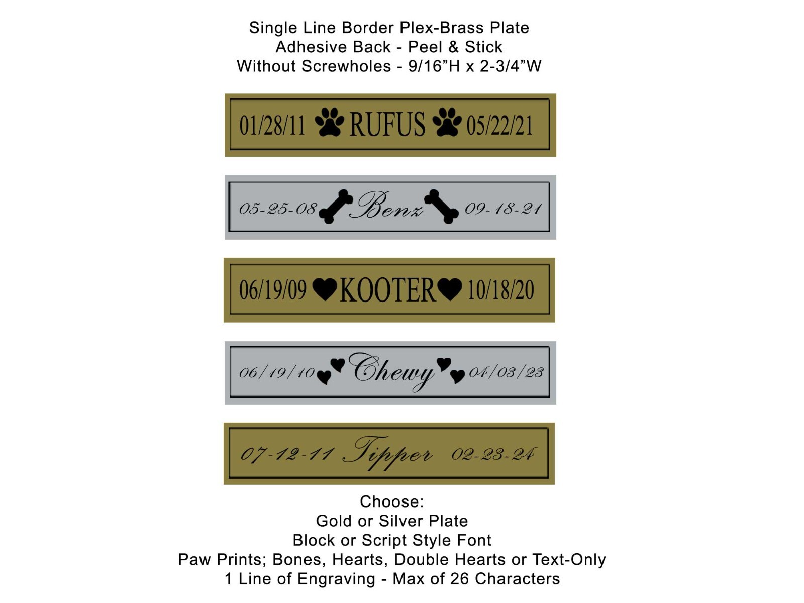 Engraved Pet Memorial Name Plate Single Line – With or W/O Screw Holes – Dog Cat