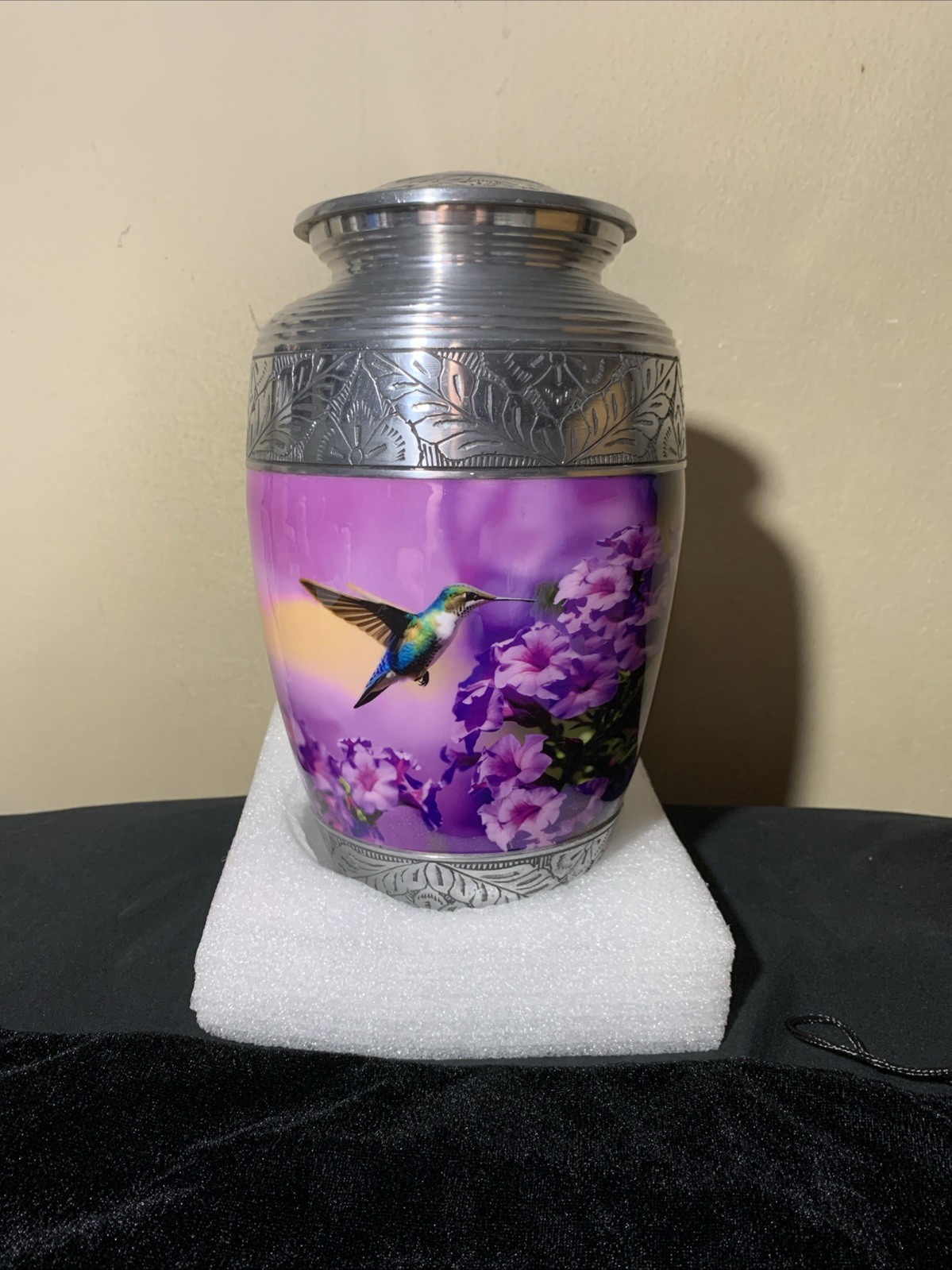 Adult Cremation Urn – Hummingbird Sunrise Serenade Purple & Silver Urn for Ashes