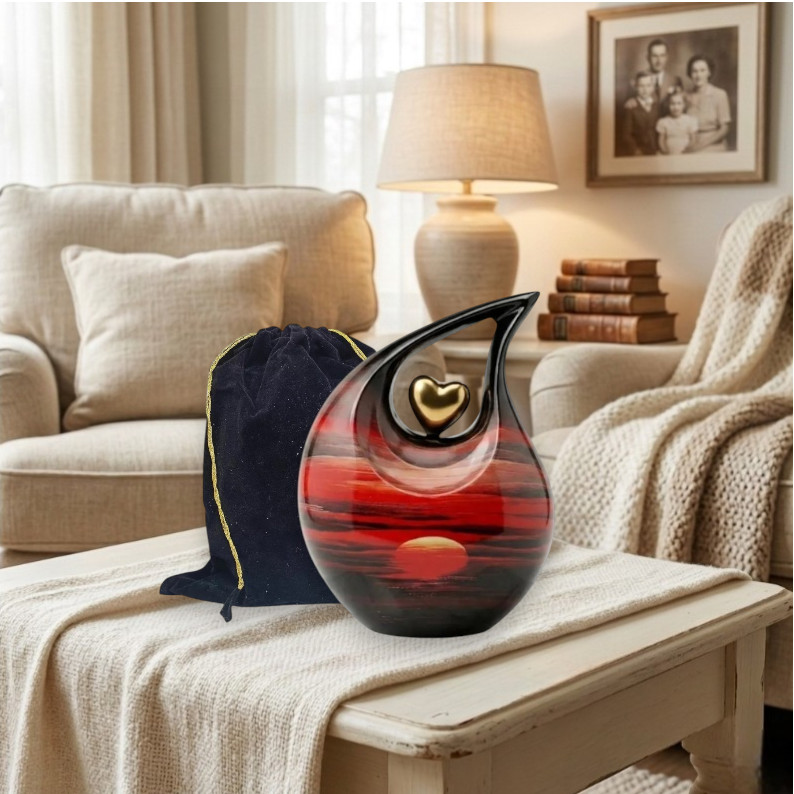 Red Sunset & Black Metal Teardrop Cremation Urn – 200 Cu In Ashes Men Women Urns