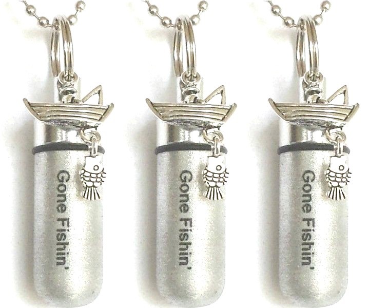 Set of 3 “Gone Fishin” Fisherman CREMATION URN Necklaces with Velvet Pouches