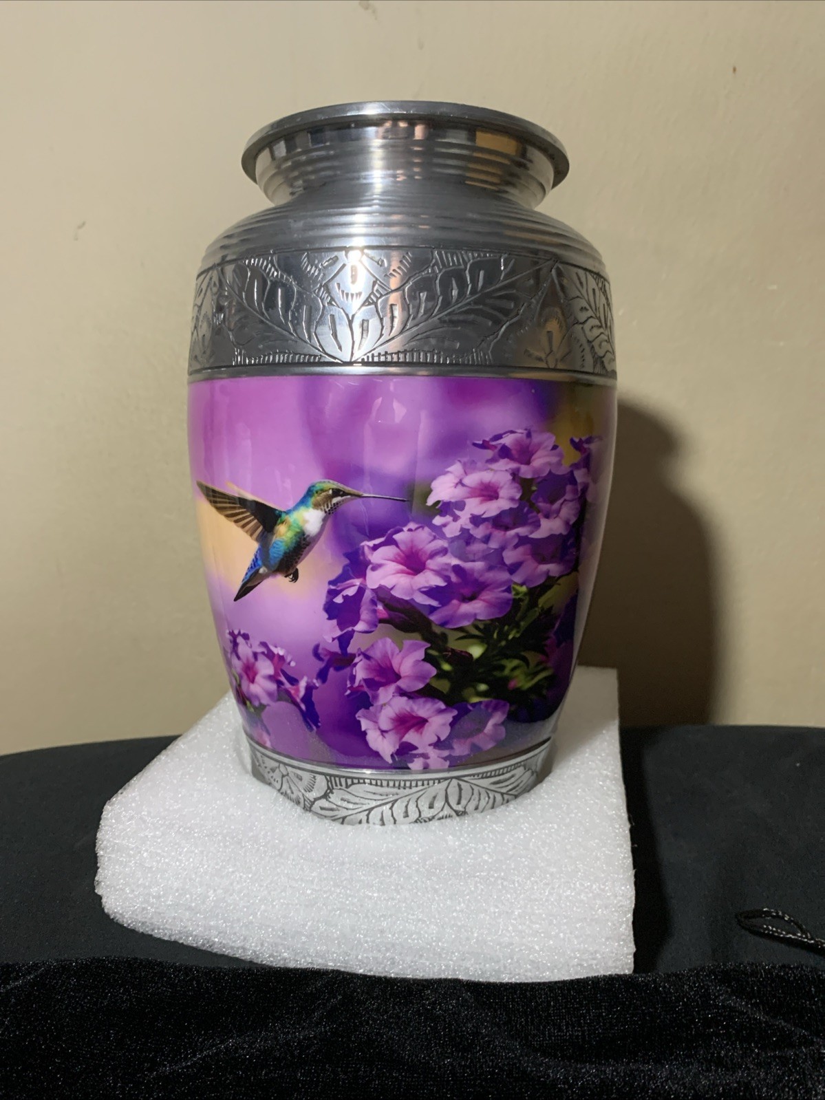 Adult Cremation Urn – Hummingbird Sunrise Serenade Purple & Silver Urn for Ashes