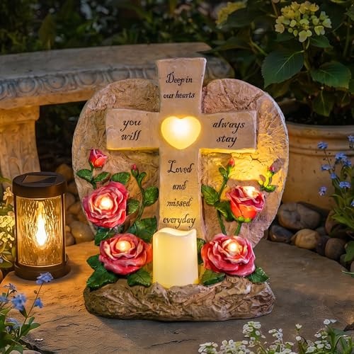 Memorial Garden Stone Cross with LED Lights – Sympathy Gift, Heart Rose Design