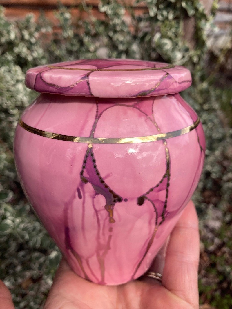 Handmade Ceramic Cremation Urn in Yellow w/MOP, small size for pet ashes 50 ci
