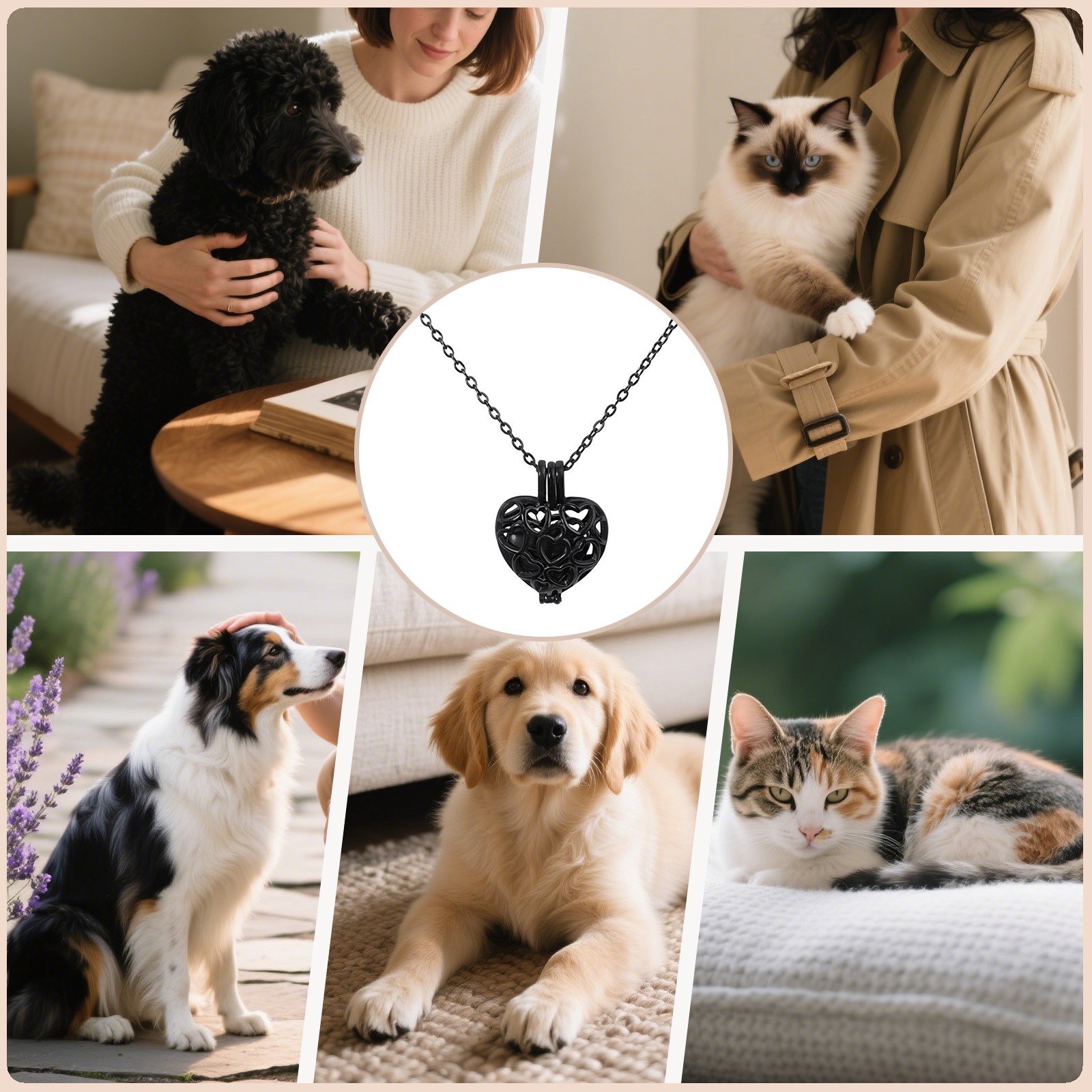 Paw Print Heart Pet Ashes Black Memorial Necklace with Inner Box For Dog&Cat