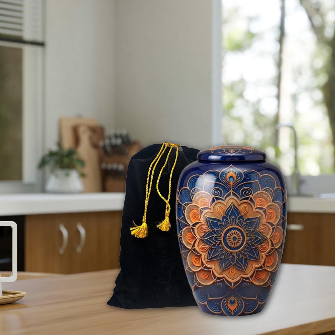 Blue & Gold Mandala Cremation Urn for Human Ashes – Adult Large 190 Cu/In + Bag